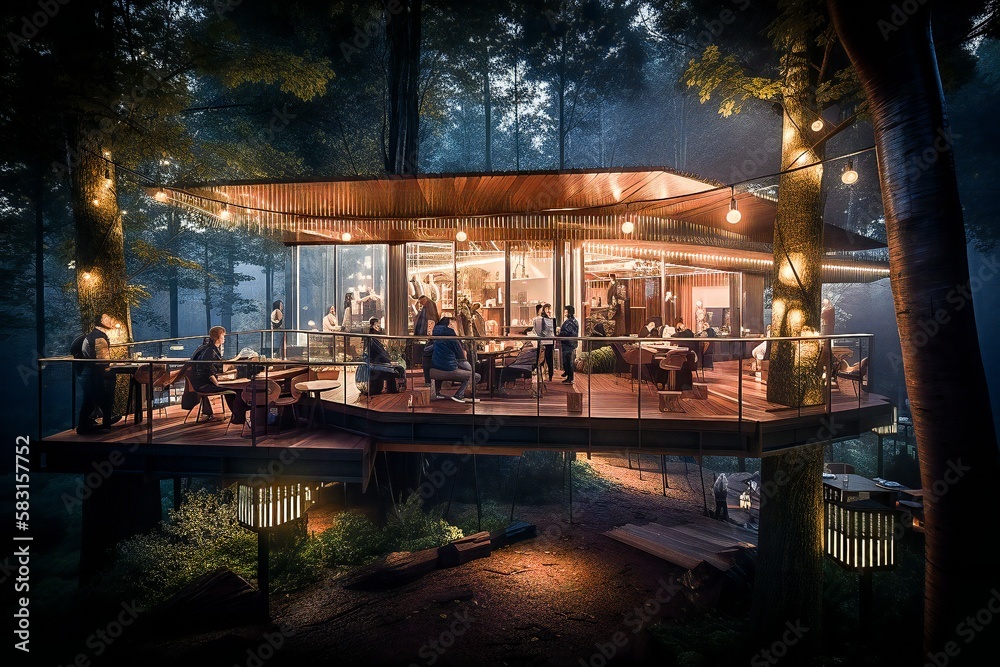 Crowded tree house restaurant in the middle of the forest, made with help of Generative AI
