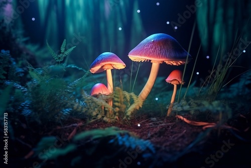 Magic, glowing, illuminating mushrooms in the middle of a forest meadow, made with help of Generative AI