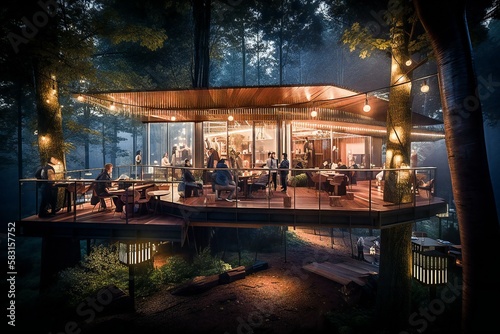 Crowded tree house restaurant in the middle of the forest  made with help of Generative AI