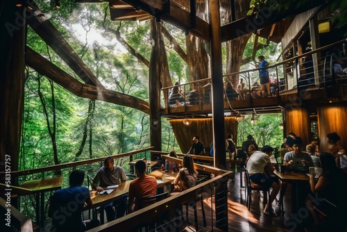 Crowded tree house restaurant in the middle of the forest, made with help of Generative AI
