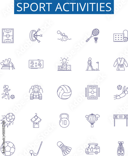 Sport activities line icons signs set. Design collection of Athletics, Rugby, Tennis, Baseball, Cycling, Swimming, Skiing, Golf outline concept vector illustrations