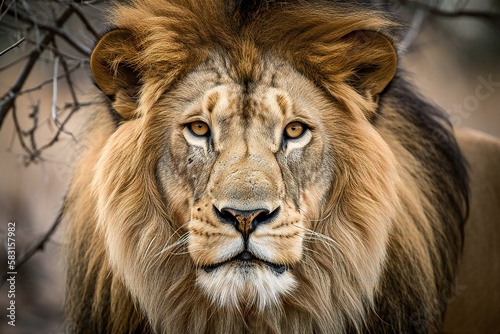 Male lion portrait in the wild  starring in the camera