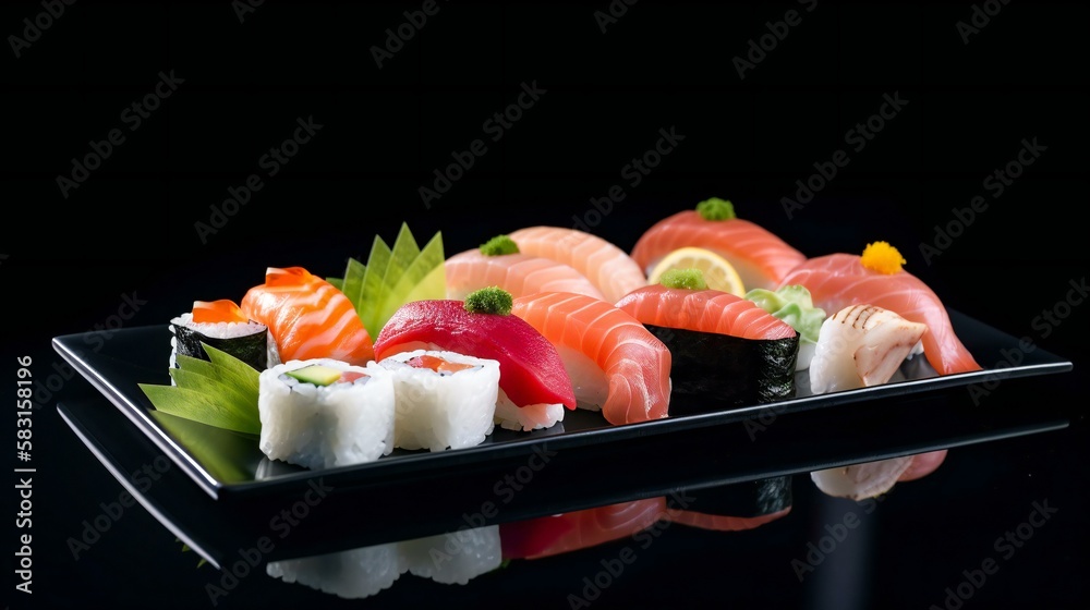 A plate of delicious-looking sushi on a black background, created using Generative AI A plate of delicious-looking sushi on a black background, created using Generative AI