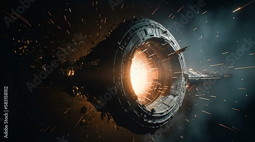 Spaceship flying through galaxies, created using Generative AI