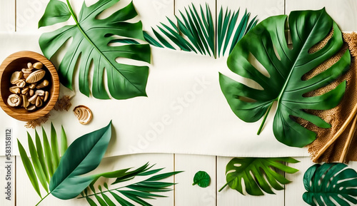 Top view of Tropical leaves on white wooden with white tablecloth background, Generative AI photo