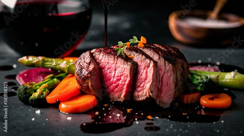 Grilled, delicious, medium rare beef steak served in a fancy restaurant, 