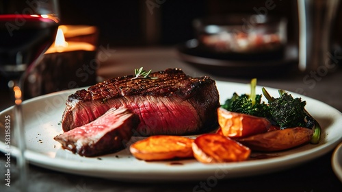 Grilled, delicious, medium rare beef steak served in a fancy restaurant, 