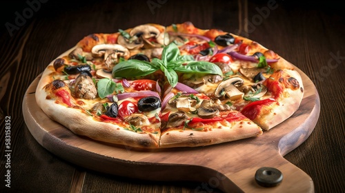 Perfectly baked pizza with vegetables on wooden plate, dark background