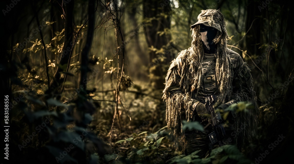 Camouflaged sniper standing in forest, created with help of Generative Ai