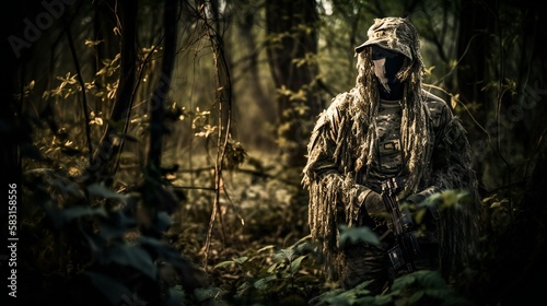 Camouflaged sniper standing in forest  created with help of Generative Ai