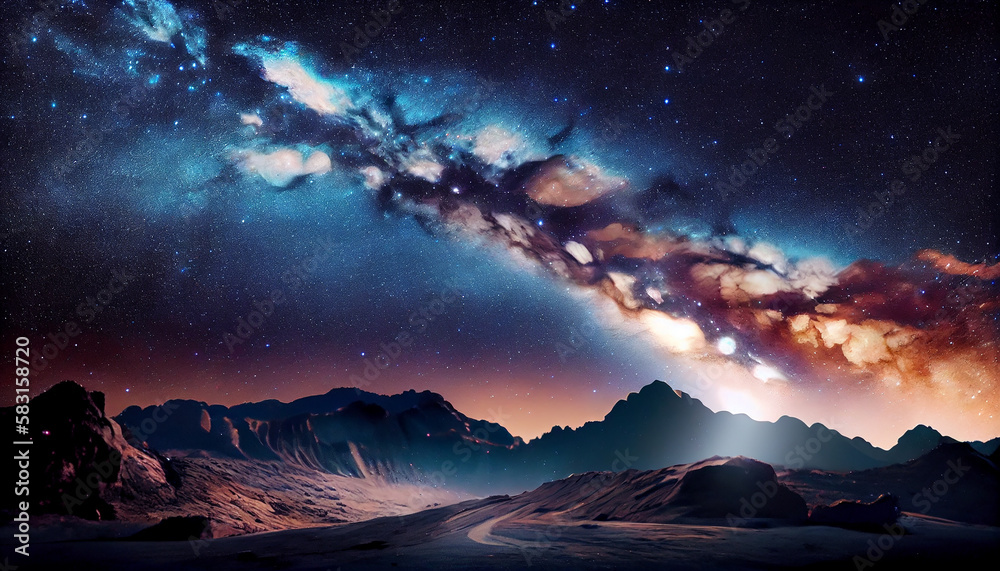 Milky way galaxy illuminates majestic mountain peak ,generative AI