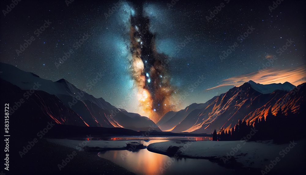 Milky Way illuminates majestic mountain range at night ,generative AI