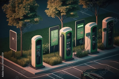 electric car charging station with multiple cars in view, showing the growing popularity and demand for eco-friendly vehicles, created with generative ai photo