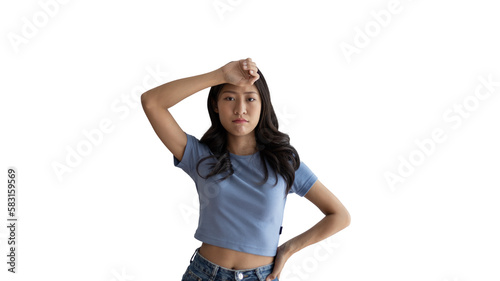 Young Asian woman thinking hard or planning to do something, Overthinking or worrying, Have a headache, Migraine, Stress, Free space for advertising or promoting products, Copy space, Enter text.