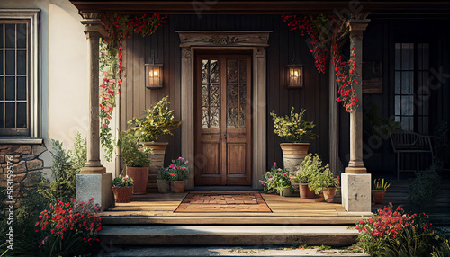 Flower filled courtyard in rustic residential architecture  generative AI