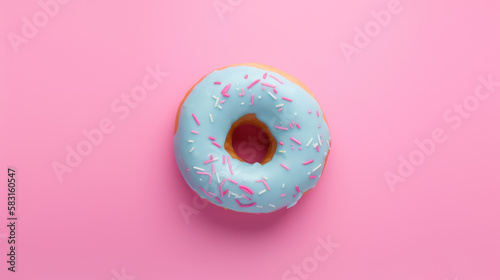Blue doughnut decorated with colorful sprinkles isolated on pink background. Flat lay view. Generative AI
