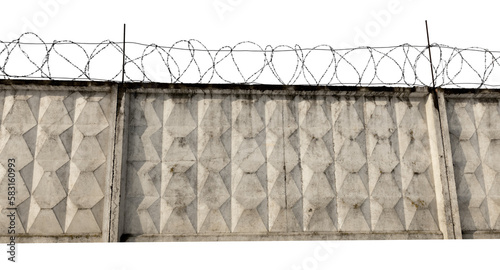 Prison wall with barbed wire on a white background. Law. Crime photo