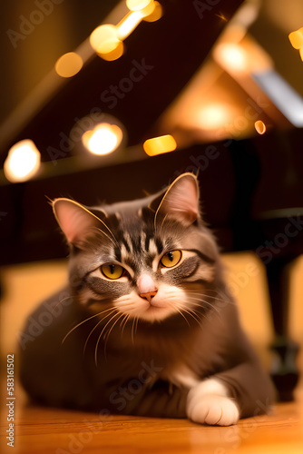 Cute Cat Sitting by Grand Piano created with Generative AI technology