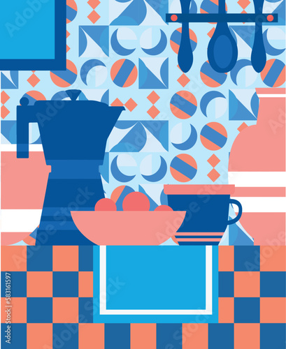 Vector drawing kitchen and kitchen items. Geometric pattern.