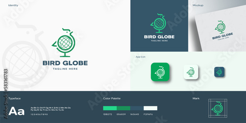 Bird Globe Abstract Sign Symbol Logo Template. Globe icon with Incorporated Bird Silhouette Creative Travel Emblem Concept Identity Guide with Modern Typography