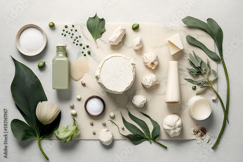 Healthy Spa-Inspired Self-Care: Generative Fresh Ingredients Arranged on a White Stone Tabletop. Generative AI
