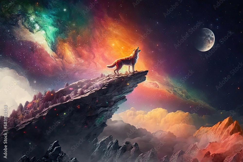 Wolf howling on the mountain with colorful of nebular ,Generative Ai