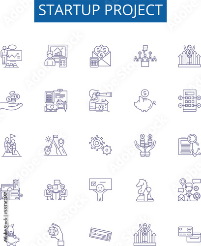 Startup project line icons signs set. Design collection of Startup, Project, Venture, New, Business, Idea, Launch, Entrepreneur outline concept vector illustrations
