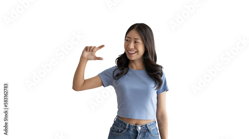 Asian woman with holding copyspace imaginary on the palm to insert an ad, Showing copyspace pointing, Showing her hand to present something on png file.