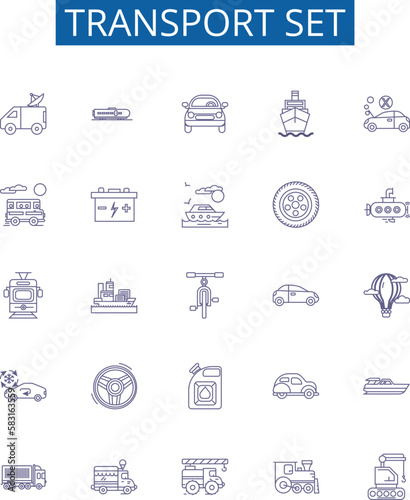 Transport set line icons signs set. Design collection of Vehicles, Planes, Boats, Trains, Buses, Coaches, Vans, Taxis outline concept vector illustrations