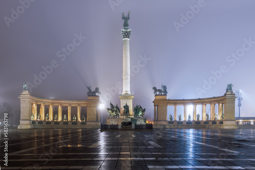 Budapest, Hungary illuminated night view of Heroes Square, Hosok Tere, with Millennium Monument and statues of the leaders of 7 tribes who founded the country. © bestravelvideo