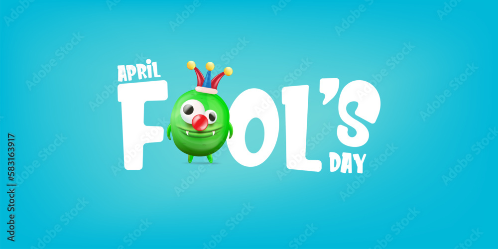 April Fools day funky horizontal banner with silly green clown monster character isolated on blue background. 1 st april fool day banner, poster, label, flyer and greeting card. Fool day print