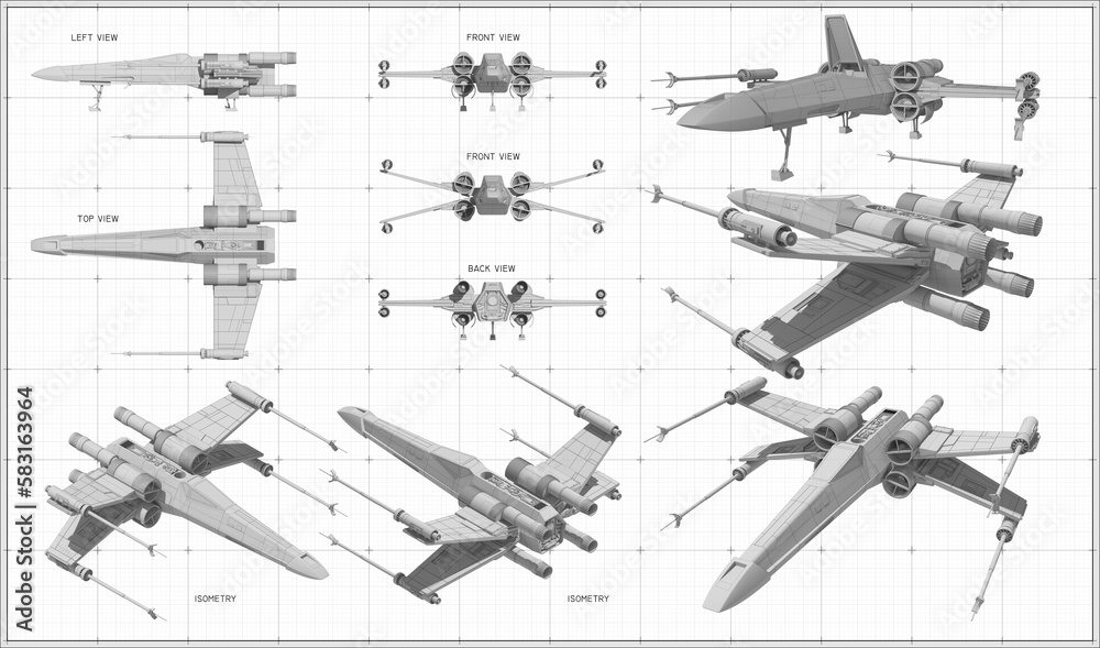 Space fighter. Spaceship in three projections and isometry. Blueprint. Drawing on a white background.