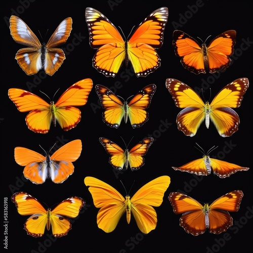 Collection of orange butterflies with black background Generative AI Illustration © SVasco