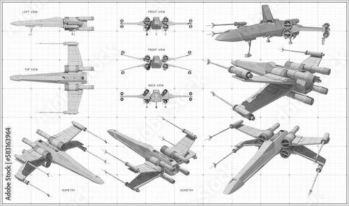 Space fighter. Spaceship in three projections and isometry. Blueprint. Drawing on a white background.