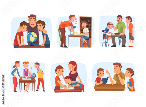 Parents Teaching Their Children at Home Doing Homework Vector Set