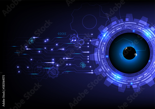 abstract background future technology innovation Blue glowing eyes with Electronic circuit gears with bright dots and elements on a gradient background