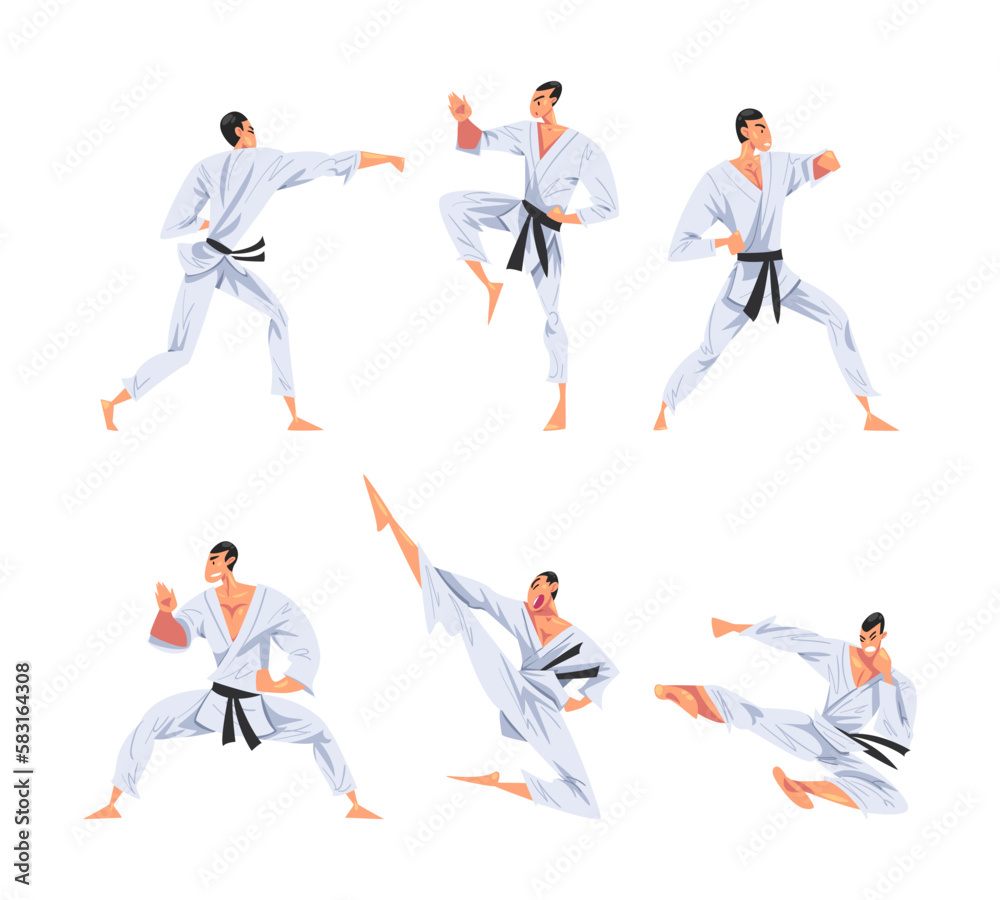 Male Karate Fighter in White Kimono Practicing Martial Art Vector Set Male Karate Fighter in White Kimono Practicing Martial Art Vector Set
