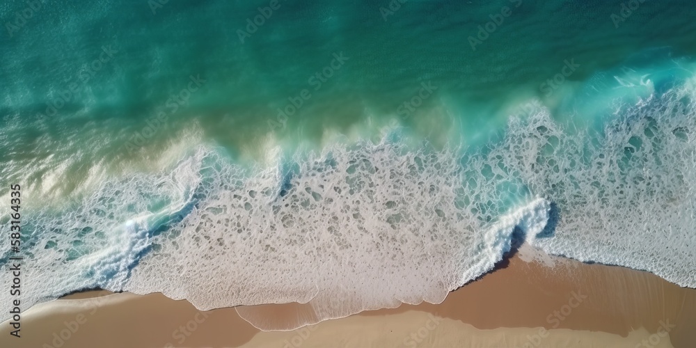 Obraz premium Aerial view of clear turquoise sea clean ocean waves breaking on white sand beach with turquoise emerald coloured water. Generative AI
