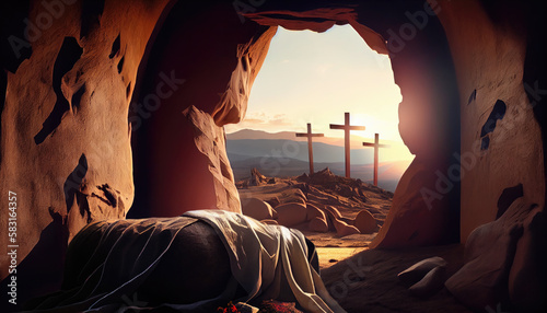 Empty tomb of Jesus Christ. Crucifixions in the rays of the sun. Generative AI
