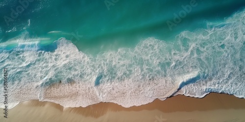 Aerial view of clear turquoise sea clean ocean waves breaking on white sand beach with turquoise emerald coloured water. Generative AI