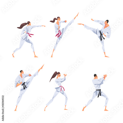 Male and Female Karate Fighter in White Kimono Practicing Martial Art Vector Set