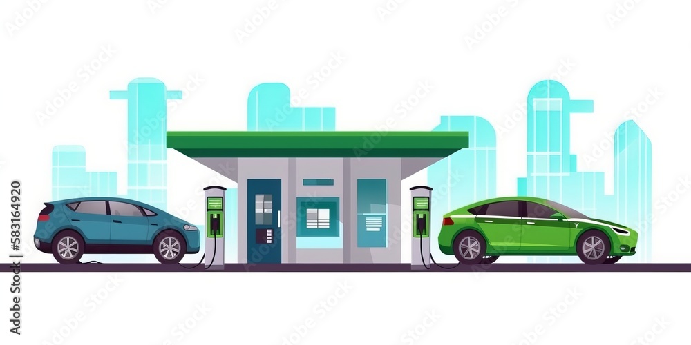 Electric vehicle charging stations for electric cars and charging stations for electric cars at the gas station. Comparing electric versus gasoline stations with Generative AI technology	
