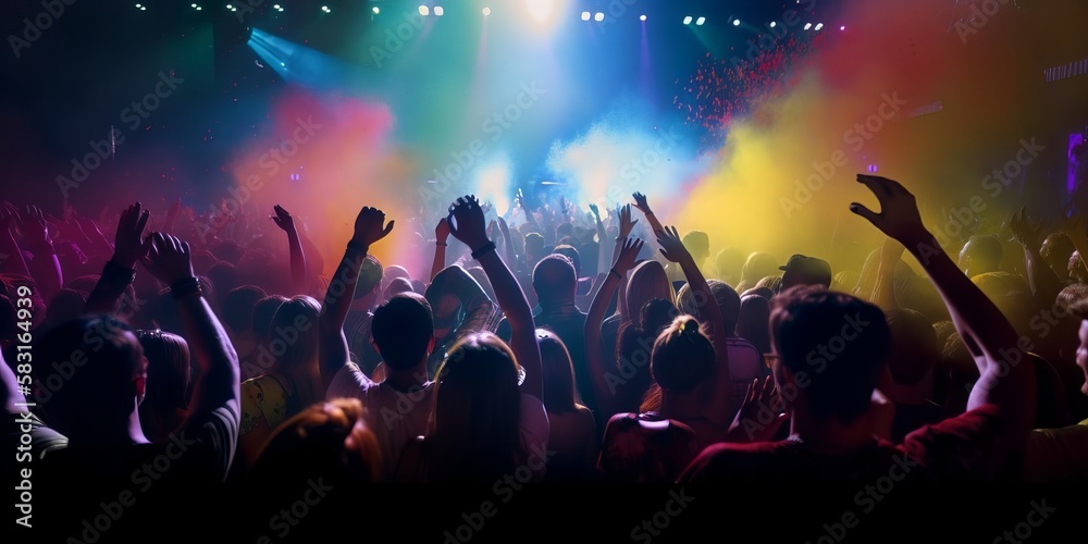 Crowded concert festival with scene stage orange and yellow lights with colorful smoke rock show performance, people silhouette, colourful confetti explosion fired. Generative AI Technology