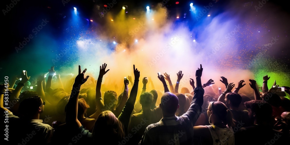 Crowded concert festival with scene stage orange and yellow lights with colorful smoke rock show performance, people silhouette, colourful confetti explosion fired. Generative AI technology	
