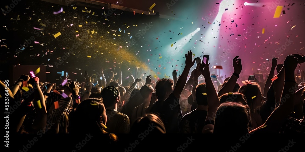 Crowded concert festival with scene stage orange and yellow lights with colorful smoke rock show performance, people silhouette, colourful confetti explosion fired. Generative AI Technology