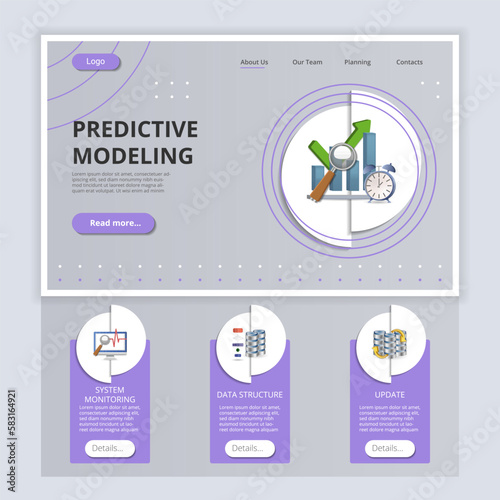 Predictive modeling flat landing page website template. System monitoring, data structure, update. Web banner with header, content and footer. Vector illustration.
