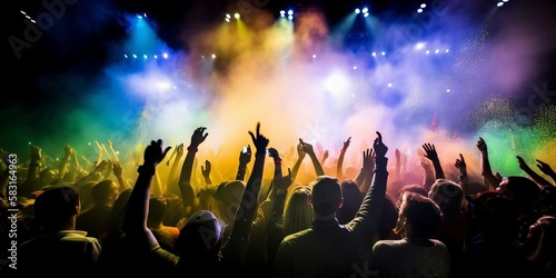 Crowded concert festival with scene stage orange and yellow lights with colorful smoke rock show performance, people silhouette, colourful confetti explosion fired. Generative AI technology 