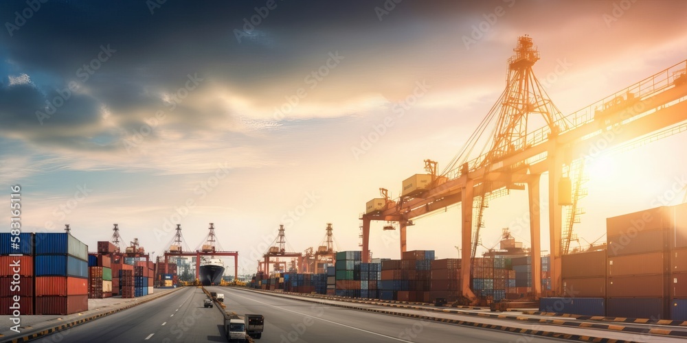 Modern System transportation and logistic import export and transport industry of truck container cargo ship and cargo plane with working crane bridge in shipyard at sunset sky. Generative AI	
