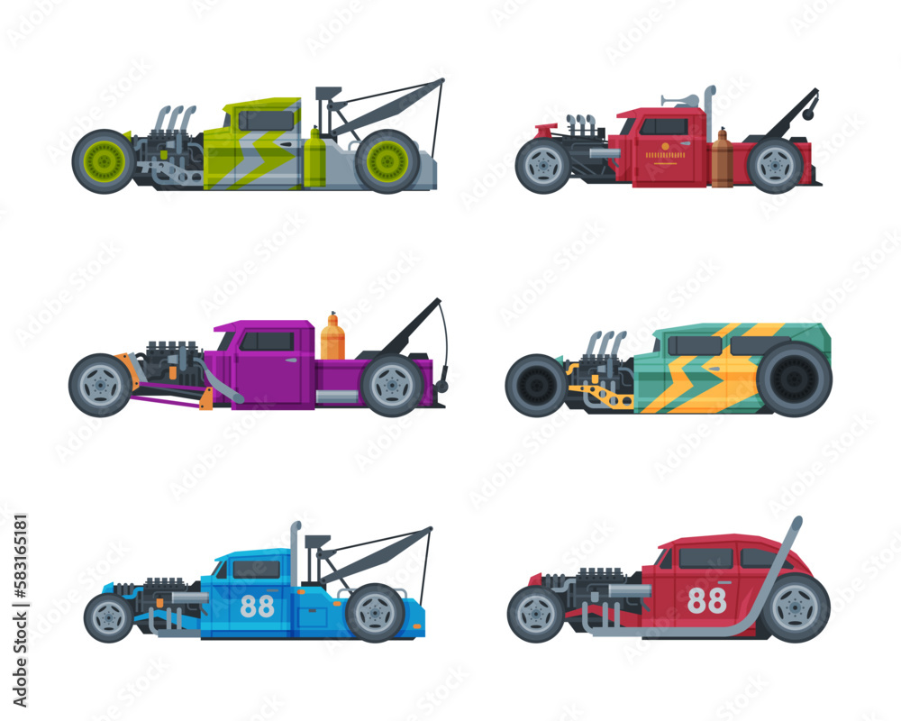 American Hot Rod Car with Large Engine and Tubes for Speed and Acceleration Vector Set American Hot Rod Car with Large Engine and Tubes for Speed and Acceleration Vector Set