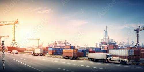 Modern System transportation and logistic import export and transport industry of truck container cargo ship and cargo plane with working crane bridge in shipyard at sunset sky. Generative AI 